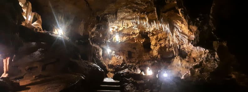 visite Grotte Saint Cezaire. interieur grotte de Saint Cezaire avec stalactites stalagmites et eclairage pendant la visite guidee