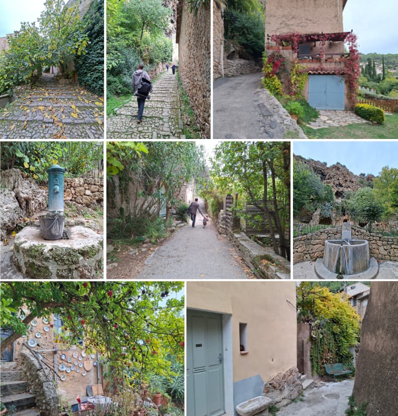 Balade du Rocher Cotignac village troglodyte Provence Verte Var Balade sous le Rocher de Cotignac en Provence Verte avec ses ruelles pavées, fontaines anciennes et maisons troglodytes adossées à la falaise.