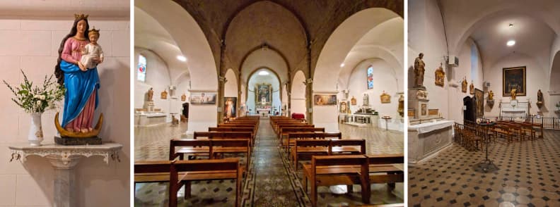 Eglise Saint Pierre et Eglise de lAnnonciation Cotignac patrimoine religieux Provence Verte Intérieur de l’église de l’Annonciation à Cotignac, avec statues, vitraux colorés et nef voûtée de style provençal.