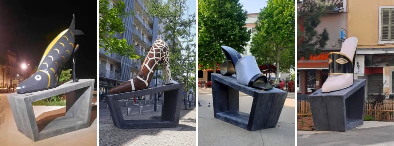 Sculptures de chaussures geantes exposees dans les rues de Romans sur Isere symbolisant la tradition de la Cite de la Chaussure dans la Drome