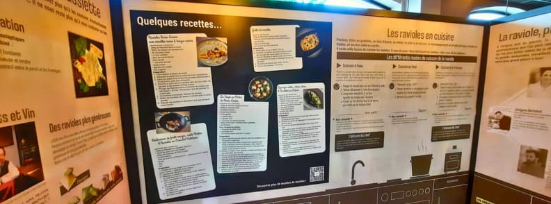 Panneaux de recettes et explications culinaires a la Cite de la Raviole de Romans sur Isere dediee aux ravioles du Dauphine