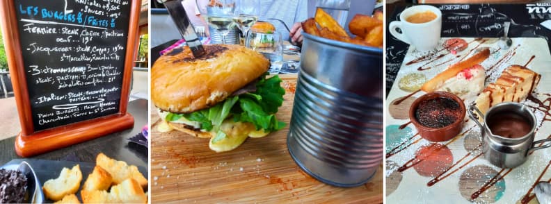 Burger frites et dessert gourmands servis au restaurant Le BistRomansgeur a Romans sur Isere adresse de gastronomie locale dans la Drome