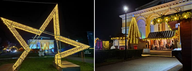 Noel a Bucarest marche de Noel Opera decorations hiver Decorations lumineuses du marche de Noel Opera Bucarest avec etoile geante illuminee chalets festifs et facade Opera en hiver