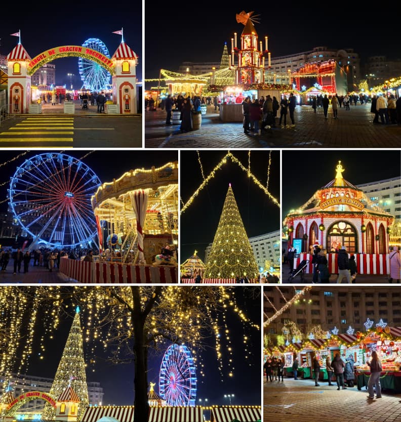 Noel a Bucarest marche de Noel Piata Constitutiei attractions Attractions du marche de Noel Bucarest Piata Constitutiei avec grande roue carrousel sapin illumine chalets festifs et decorations de Noel en hiver