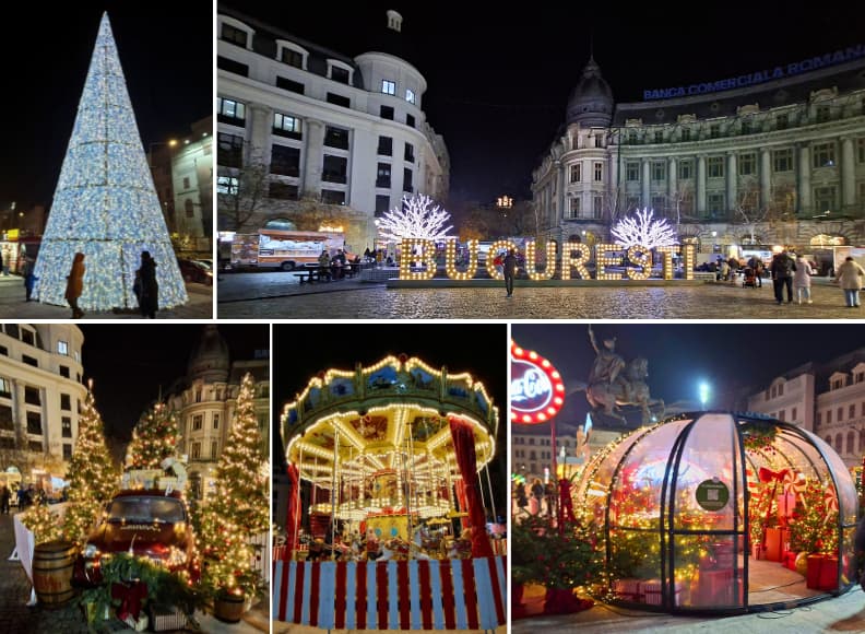 Noel a Bucarest marche de Noel Universitate lumieres hiver Marche de Noel Place de l Universite Bucarest avec sapin illumine lettres Bucuresti carrousel decorations de Noel et chalets festifs en hiver
