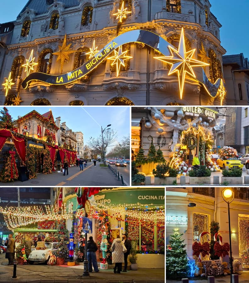 Noel a Bucarest restaurants cafes decors festifs hiver Restaurants et cafes decorés pour Noel a Bucarest avec etoiles lumineuses facades festives guirlandes et vitrines illuminees en hiver