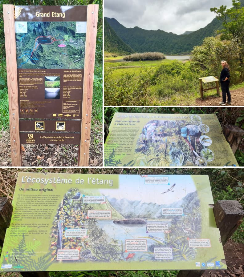 Panneaux d’information et carte du sentier autour de Grand Étang à Saint-Benoît sur la côte est de La Réunion