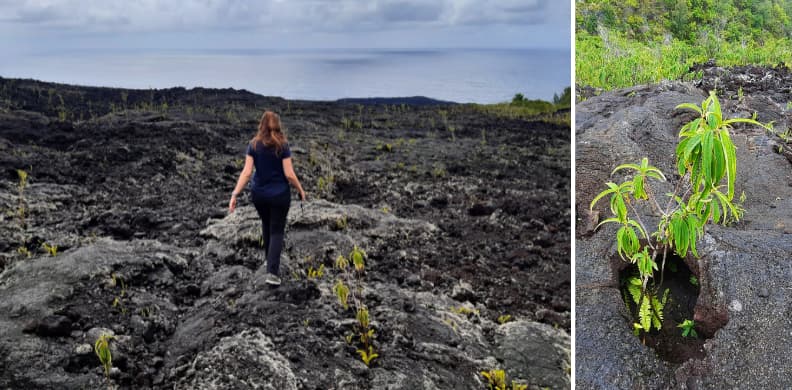 Mirela Letailleur The Travel Bunny marchant sur la lave du Grand Brûlé le long de la route des laves sur la côte est de La Réunion