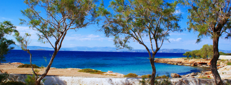 Côte rocheuse avec arbres et mer bleu intense dans le golfe Saronique lors d’une excursion îles grecques depuis Athènes