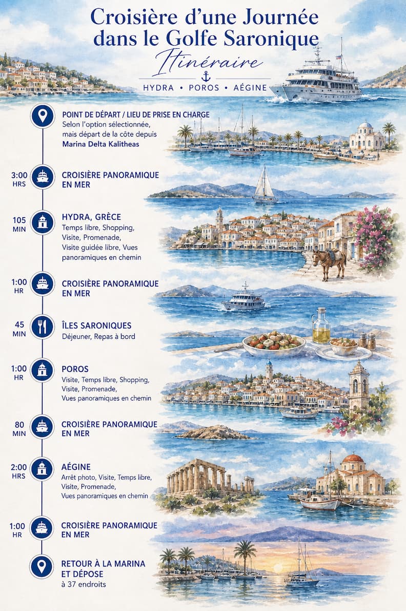 Itinéraire d’une croisière d’une journée depuis Athènes vers Hydra, Poros et Égine avec étapes et durées dans le golfe Saronique