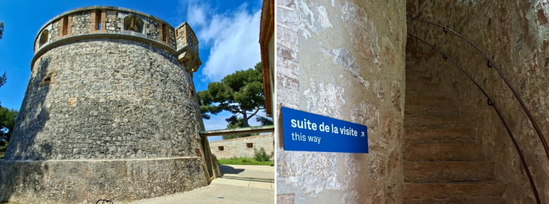 Tour de la Batterie du Graillon et escalier en pierre à Posidonia Antibes, illustrant l’accès aux niveaux historiques et aux points de vue du Cap d’Antibes.