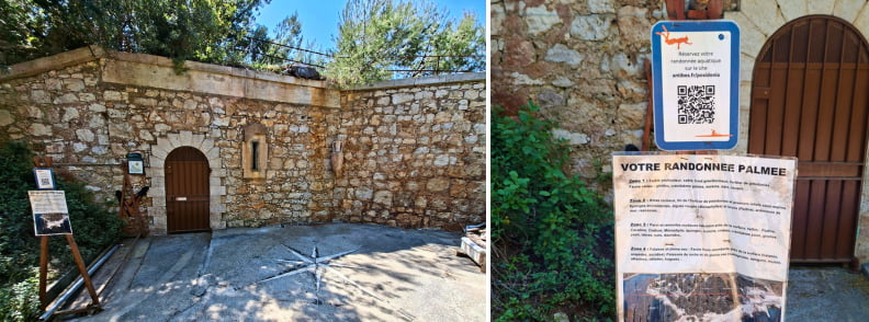 Accès à la randonnée palmée de Posidonia Antibes dans l’enceinte de la Batterie du Graillon, avec panneaux d’information sur le snorkeling et les habitats marins du Cap d’Antibes.