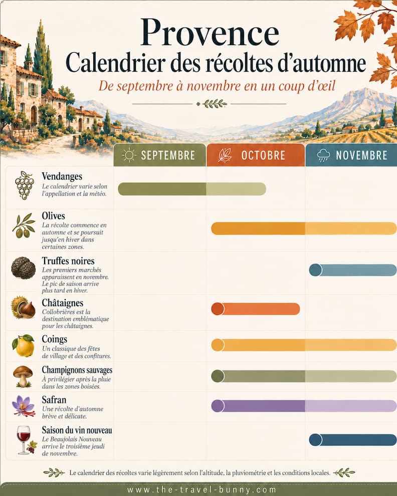 Calendrier des récoltes d’automne en Provence de septembre à novembre, avec vendanges, olives, truffes noires, châtaignes, coings, champignons, safran et vin nouveau.