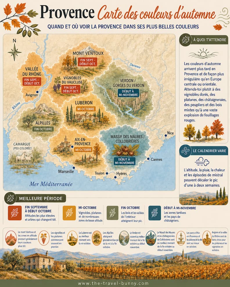 Carte des couleurs d’automne en Provence indiquant les meilleures périodes pour le Mont Ventoux, le Luberon, les Alpilles, le Verdon, le Vaucluse et le Massif des Maures.