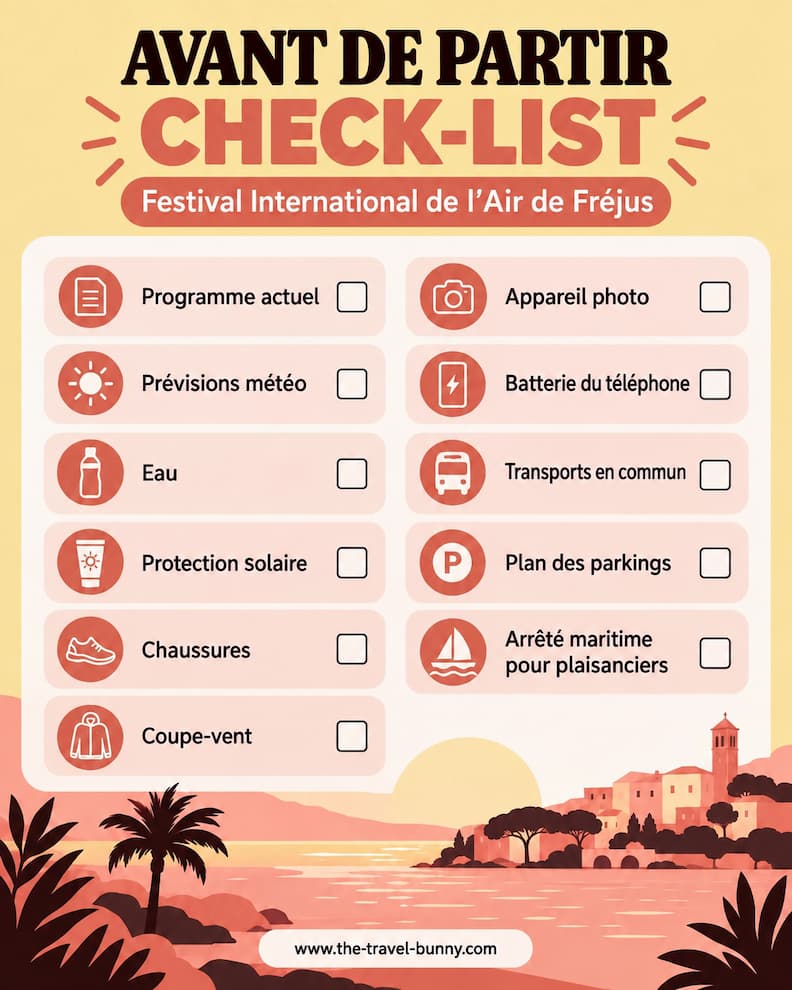 Checklist pratique avant de visiter le Festival International de l’Air de Fréjus, avec programme, météo, eau, protection solaire, chaussures, coupe-vent, appareil photo, batterie, transports, parking et arrêté maritime.