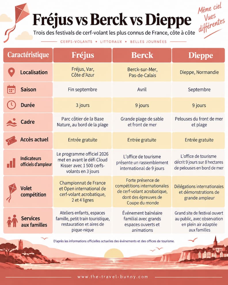 Tableau comparatif des festivals de cerf-volant de Fréjus, Berck-sur-Mer et Dieppe, avec localisation, saison, durée, cadre, entrée, ampleur, compétitions et services aux familles.