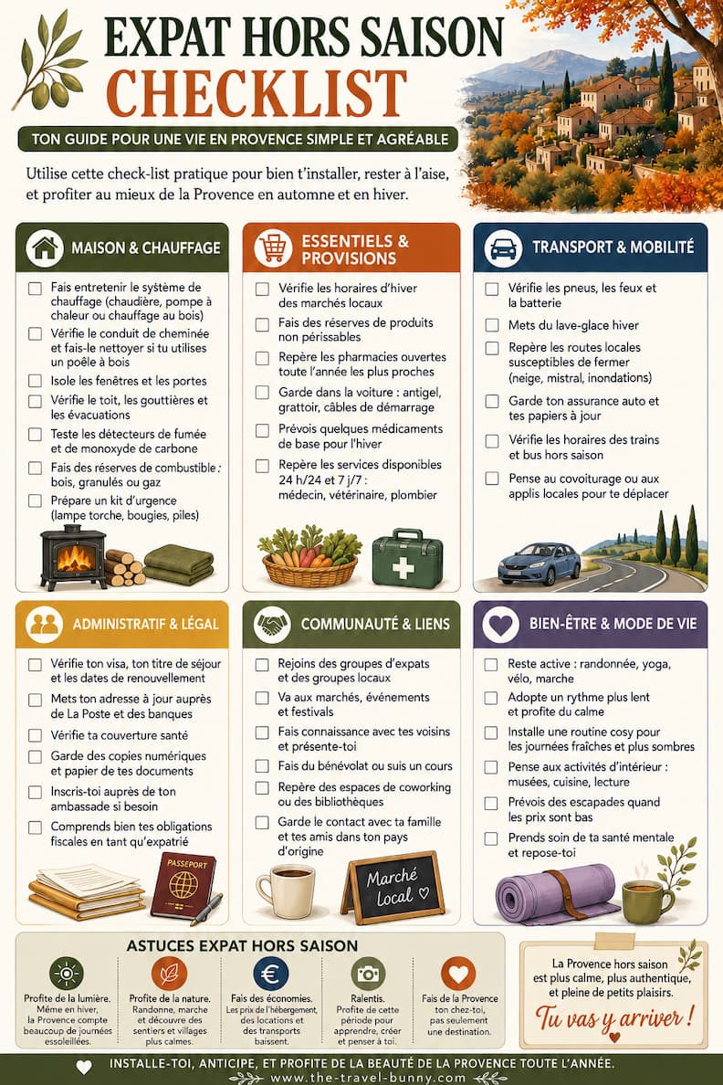 Checklist pratique pour expatriés vivant en Provence hors saison, avec logement, chauffage, transports, démarches administratives, services locaux, communauté et bien-être.