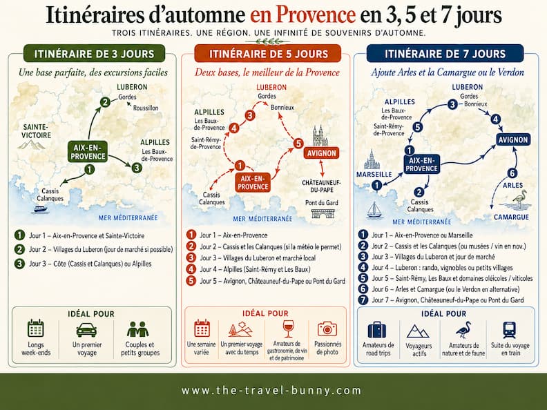 Carte comparative de trois itinéraires en Provence en automne sur 3, 5 et 7 jours, avec Aix-en-Provence, Cassis, le Luberon, les Alpilles, Avignon, Arles et la Camargue.