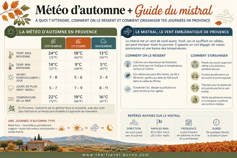Guide de la météo d’automne en Provence comparant septembre, octobre et novembre, avec températures, pluie, ensoleillement, mer et effets du mistral.