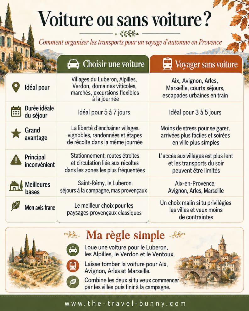 Comparatif pour visiter la Provence en automne avec ou sans voiture, selon les destinations, la durée du séjour, les avantages, le stationnement et les transports.