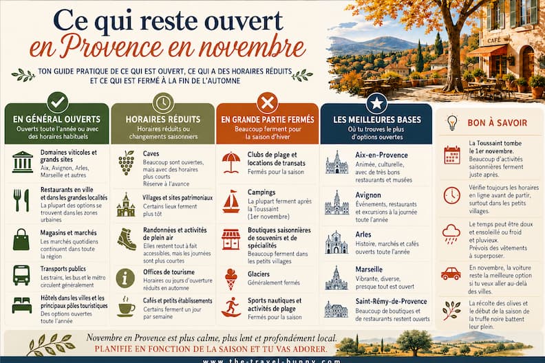 Guide pratique de ce qui reste ouvert en Provence en novembre, avec restaurants, hôtels, marchés, transports, sites touristiques, fermetures saisonnières et meilleures villes où séjourner.