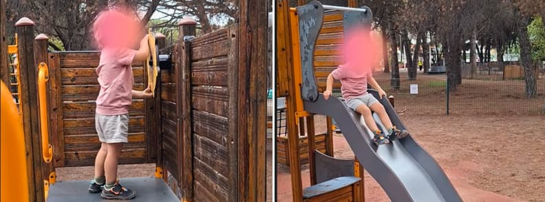 Deux vues de l’aire de jeux du Parc Aurélien à Fréjus, avec un jeune enfant sur une structure en bois équipée de panneaux ludiques et d’un toboggan métallique.