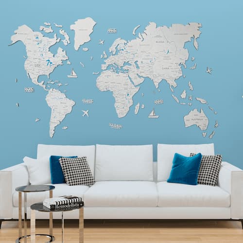 Harta lumii 2D din lemn colorat alb