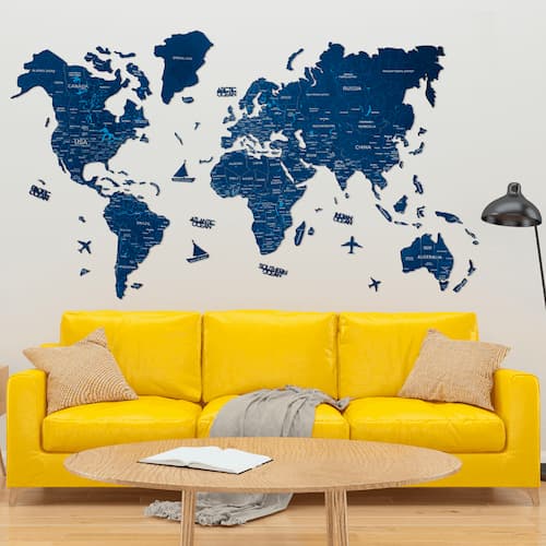 Harta lumii 2D din lemn colorat bleumarin