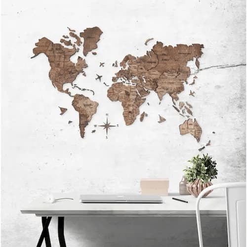 Harta lumii din lemn 3D stejar inchis