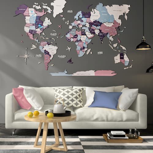 Harta lumii din lemn colorat berry