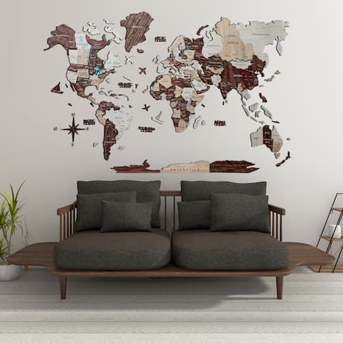 Harta lumii din lemn colorat cappuccino