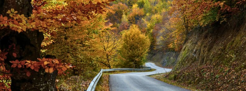 Drumuri pitoresti de toamna calatorii printre culorile frunzisului Șosea șerpuită prin pădure de munte acoperită de frunziș colorat în nuanțe de roșu, portocaliu și galben, un peisaj ideal pentru drumuri pitorești de toamnă