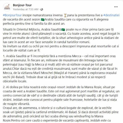 Articolul meu copiat și publicat de Bonjour Tour pe Facebook pentru a își promova live-urile