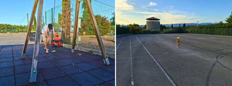 Colaj cu un tată și un copil mic la leagănul unui loc de joacă din Bagnols-en-Forêt și același copil mergând pe un teren de sport asfaltat, cu dealurile din Var în fundal.