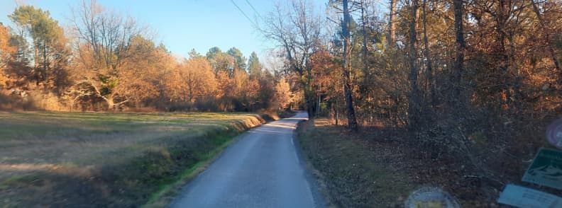 Drum rural îngust pe Chemin de la Plaine din Bagnols-en-Forêt, mărginit de păduri în culori de toamnă și o pajiște verde, sub cerul senin albastru.