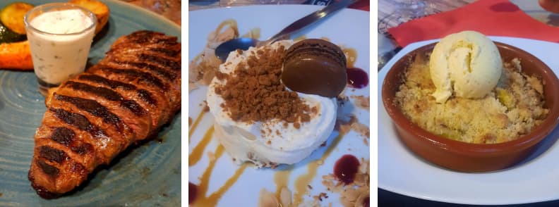 Colaj cu preparate servite la restaurante din Bagnols-en-Forêt, Provence, incluzând carne la grătar cu legume și sos, desert cu cremă și ciocolată și crumble cu înghețată de vanilie.