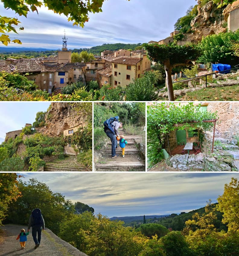 Imagini din Balade du Rocher Cotignac, cu părinți și copil explorând potecile de sub stâncă, grădini verzi și priveliști asupra satului Cotignac Provence Verte