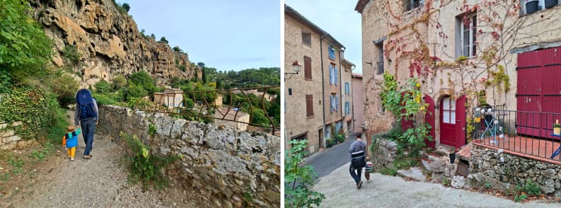 Părinți și copil mergând pe străzile și potecile din Cotignac Provence Verte, printre case din piatră și stânca Rocher de Cotignac