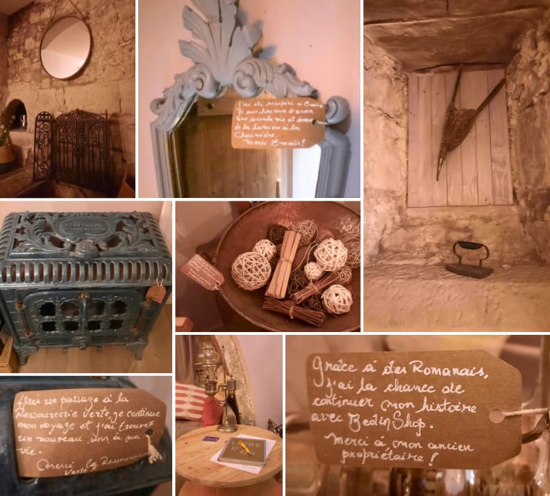 Colaj cu detalii vintage si obiecte artizanale din camera La Chaumiere la Bed in Shop Romans sur Isere in centrul istoric