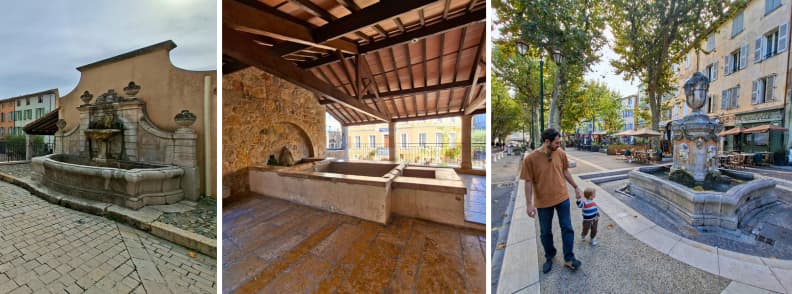 Trei dintre cele mai frumoase fântâni Cotignac și vechiul spălător comunal, elemente de patrimoniu din Cotignac Provence Verte
