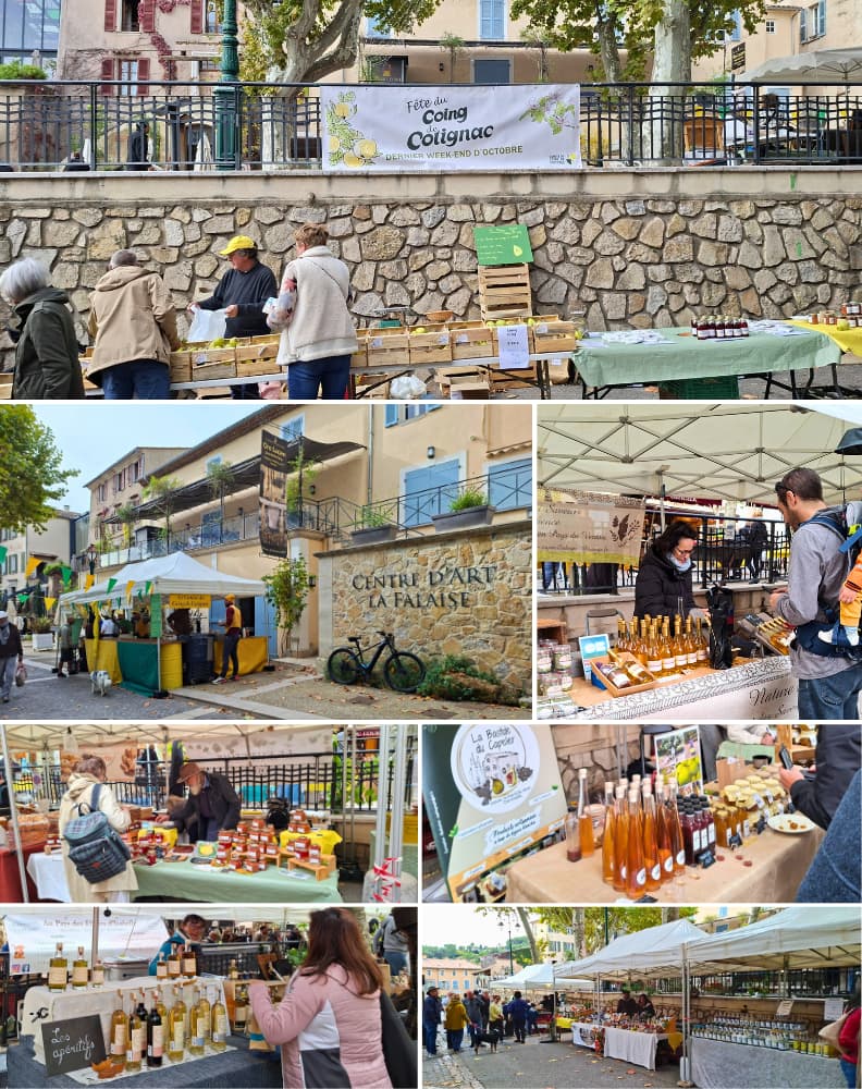 Standuri locale la Fête du Coing Cotignac, festivalul gutuilor din Provence Verte, cu produse artizanale, vin fiert de gutui și dulceață tradițională