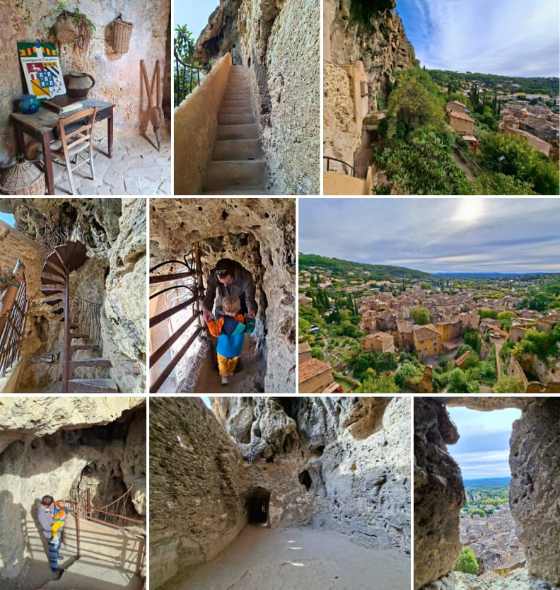 Imagini din peșterile trogloditice Cotignac, cu scări în spirală, pasaje săpate în stâncă și panoramă asupra satului Cotignac Provence Verte