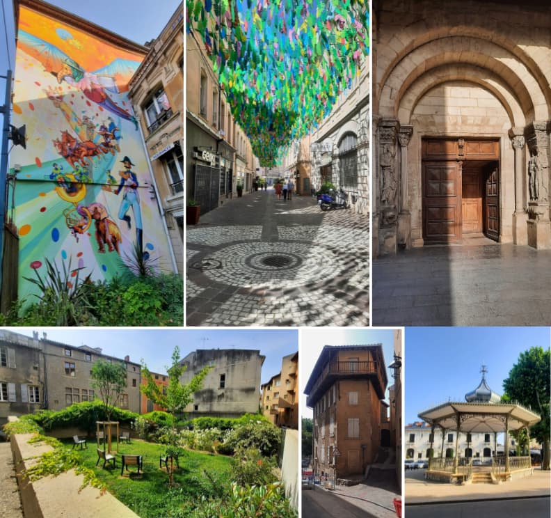 Colaj cu street art colorat, strada pietonala decorata, intrare istorica in Collegiale Saint Barnard, gradina urbana, casa veche ingusta si pavilionul din Piata Jules Nadi din Romans sur Isere