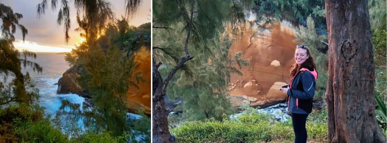 Mirela Letailleur, The Travel Bunny, la Cap Jaune din insula Reunion, pe un traseu ușor de coastă, cu stânci colorate și apus peste Oceanul Indian