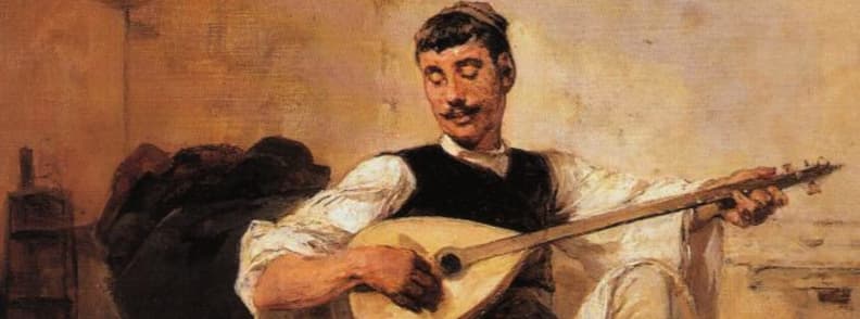 Muzee din Atena pictura greceasca Nikiforos Lytras Galeria Nationala a Greciei Muzeul Alexandros Soutzos Pictură realistă grecească reprezentând un bărbat cântând la un instrument cu coarde, realizată de Nikiforos Lytras.