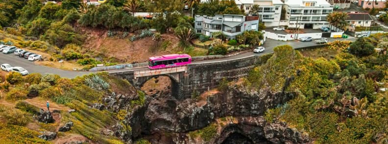 Pod peste Ravine des Cafres pe coasta insulei Reunion, cu autobuz roz în traversare, ravină abruptă și cartier rezidențial deasupra