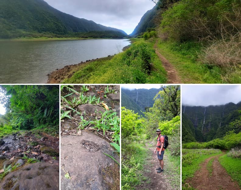 Traseu Grand Etang Reunion pe coasta de est a insulei, cu potecă noroioasă lângă lacul de crater, versanți abrupți verzi și porțiuni prin pădure tropicală.