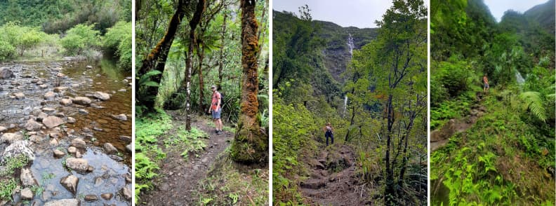 Traseu spre Cascade de Bras d’Anette pe coasta de est a insulei Reunion, cu traversare de râu, potecă prin pădure tropicală și urcare abruptă spre cascadă.