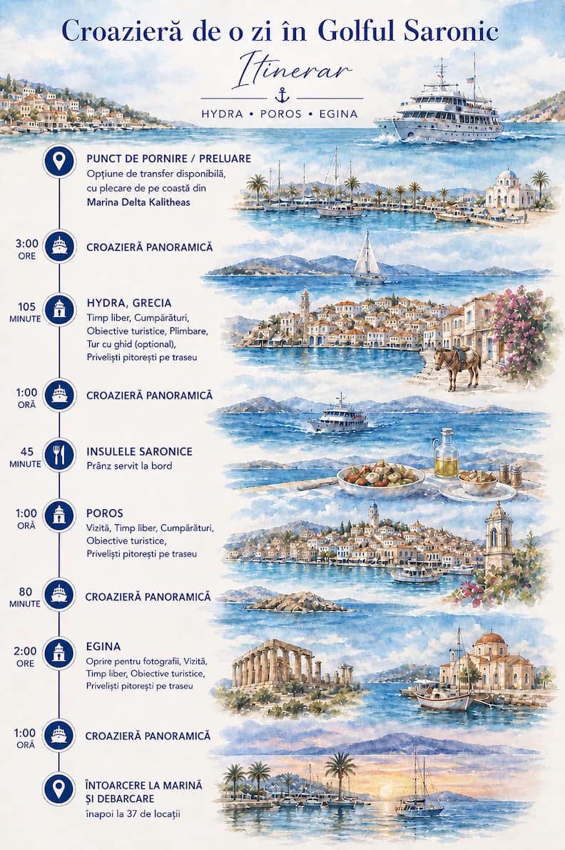 Itinerar ilustrat pentru croazieră Hydra Poros Egina din Atena, cu opriri pe insule și program detaliat al zilei
