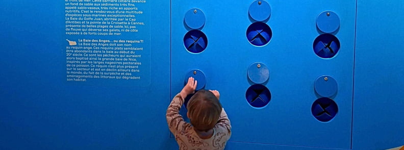 joc tactil copii posidonia antibes viata marina mediteraneana Copil participă la un joc tactil interactiv la Posidonia Antibes, încercând să identifice animale marine într-o expoziție educativă despre biodiversitatea Mediteranei.